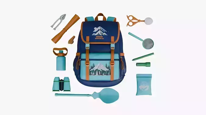 Backpack Adventure set Low-poly 3D model