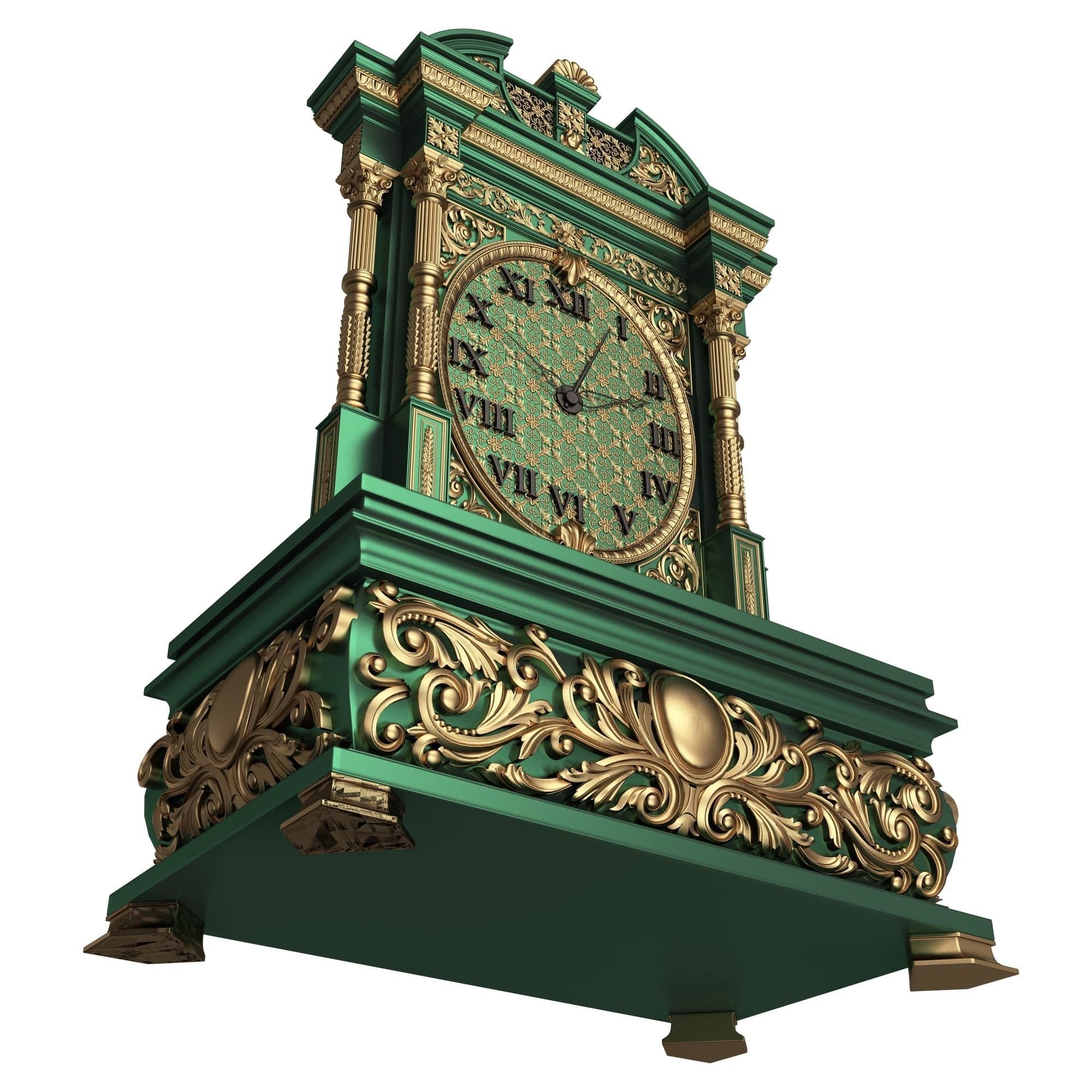 Casket Clock Carved 05 Green Low-poly 3D model_3