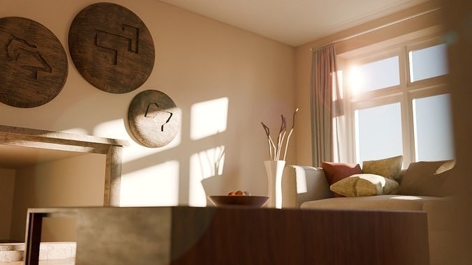 Interior modern cozy living room with furniture Low-poly 3D model 7