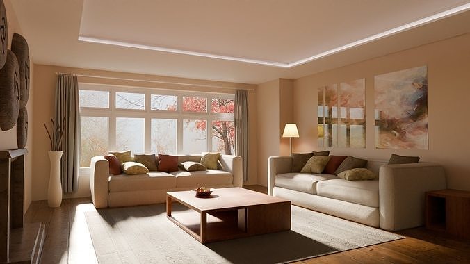 Interior modern cozy living room with furniture Low-poly 3D model 2