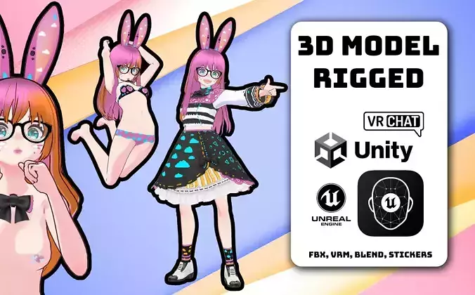 Neon Claudi The Bunny Girl RIGGED AVATAR VRChat Livelink Vtube Low-poly 3D model