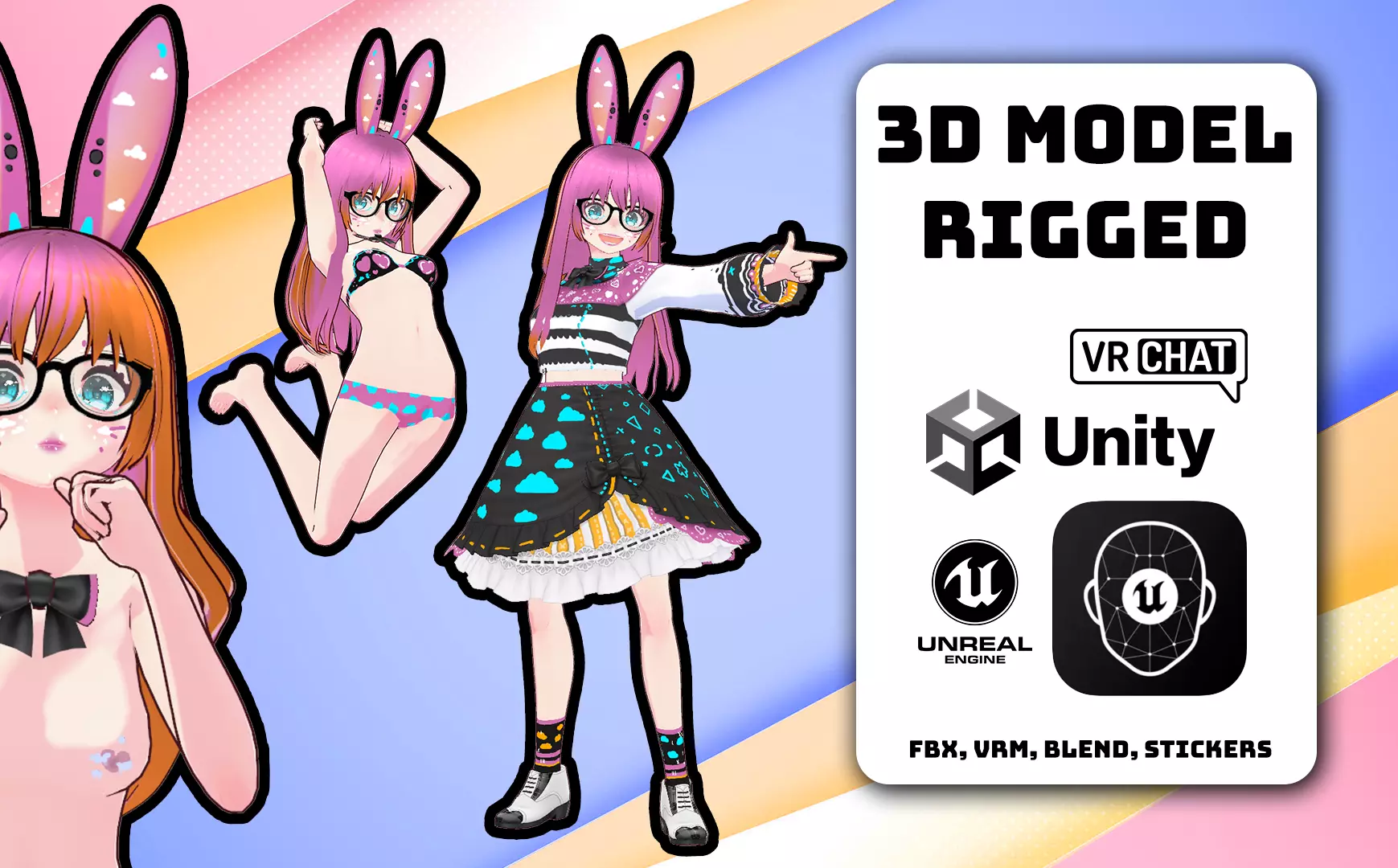 Neon Claudi The Bunny Girl RIGGED AVATAR VRChat Livelink Vtube Low-poly 3D model_0