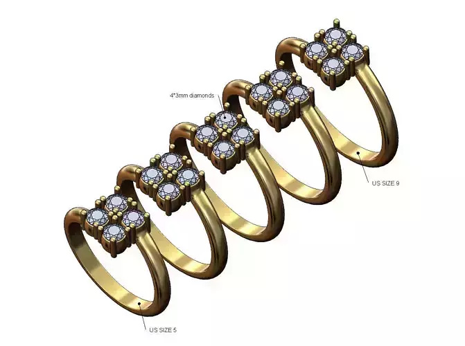 Bypass 3mm diamond cluster ring US sizes 5to9