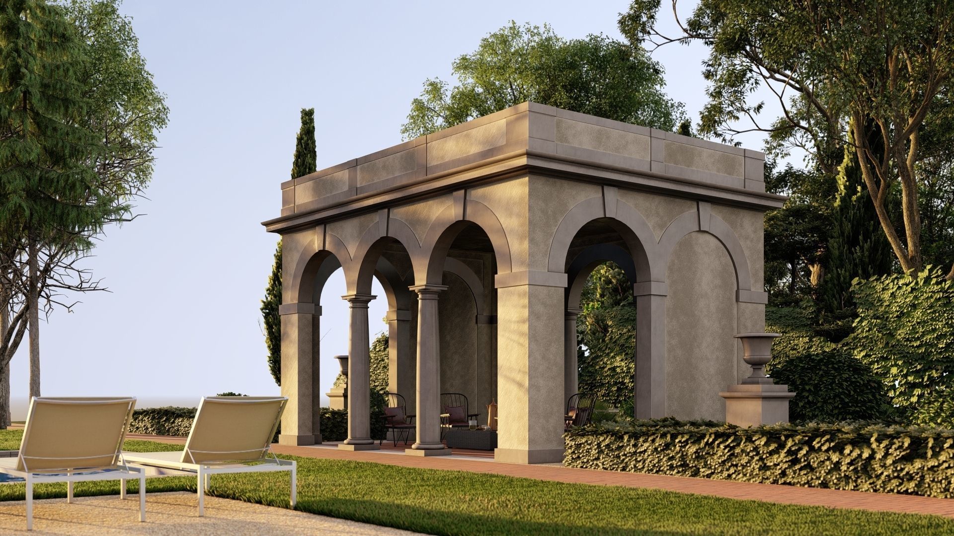 Exteriors swimming pool with classical Tuscan columns pergola 3D model_4