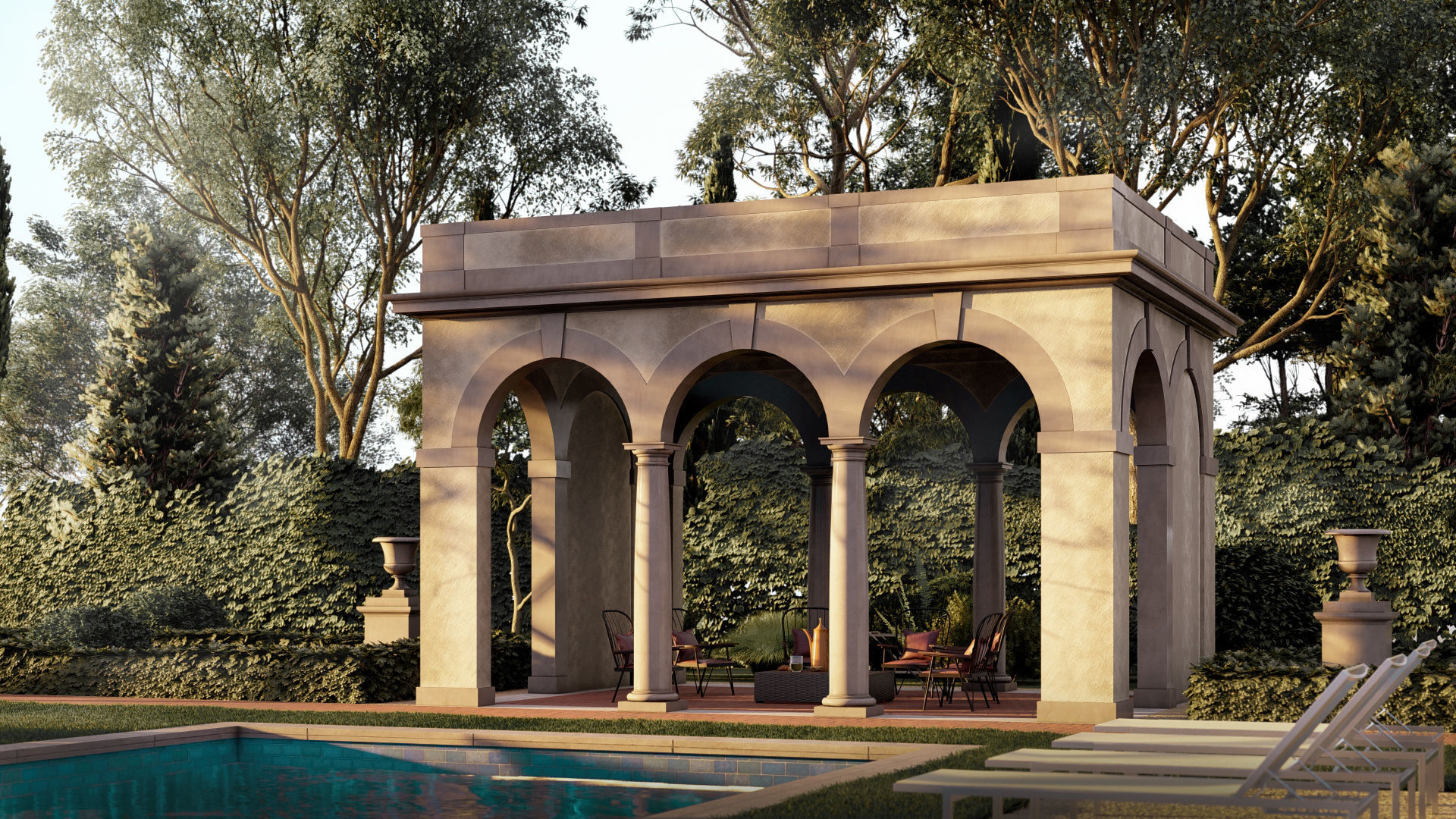 Exteriors swimming pool with classical Tuscan columns pergola 3D model_1