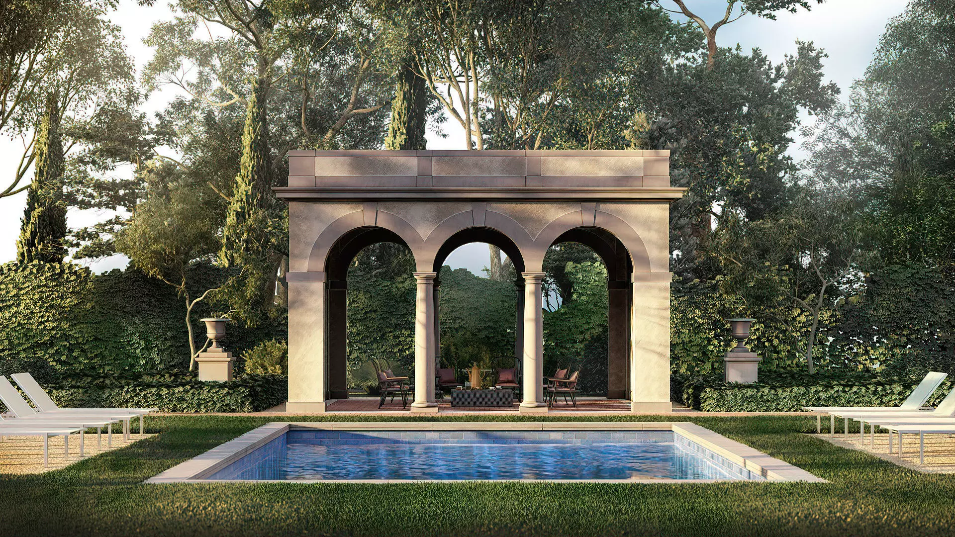 Exteriors swimming pool with classical Tuscan columns pergola 3D model_0