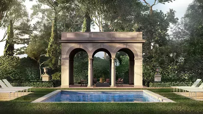 Exteriors swimming pool with classical Tuscan columns pergola 3D model