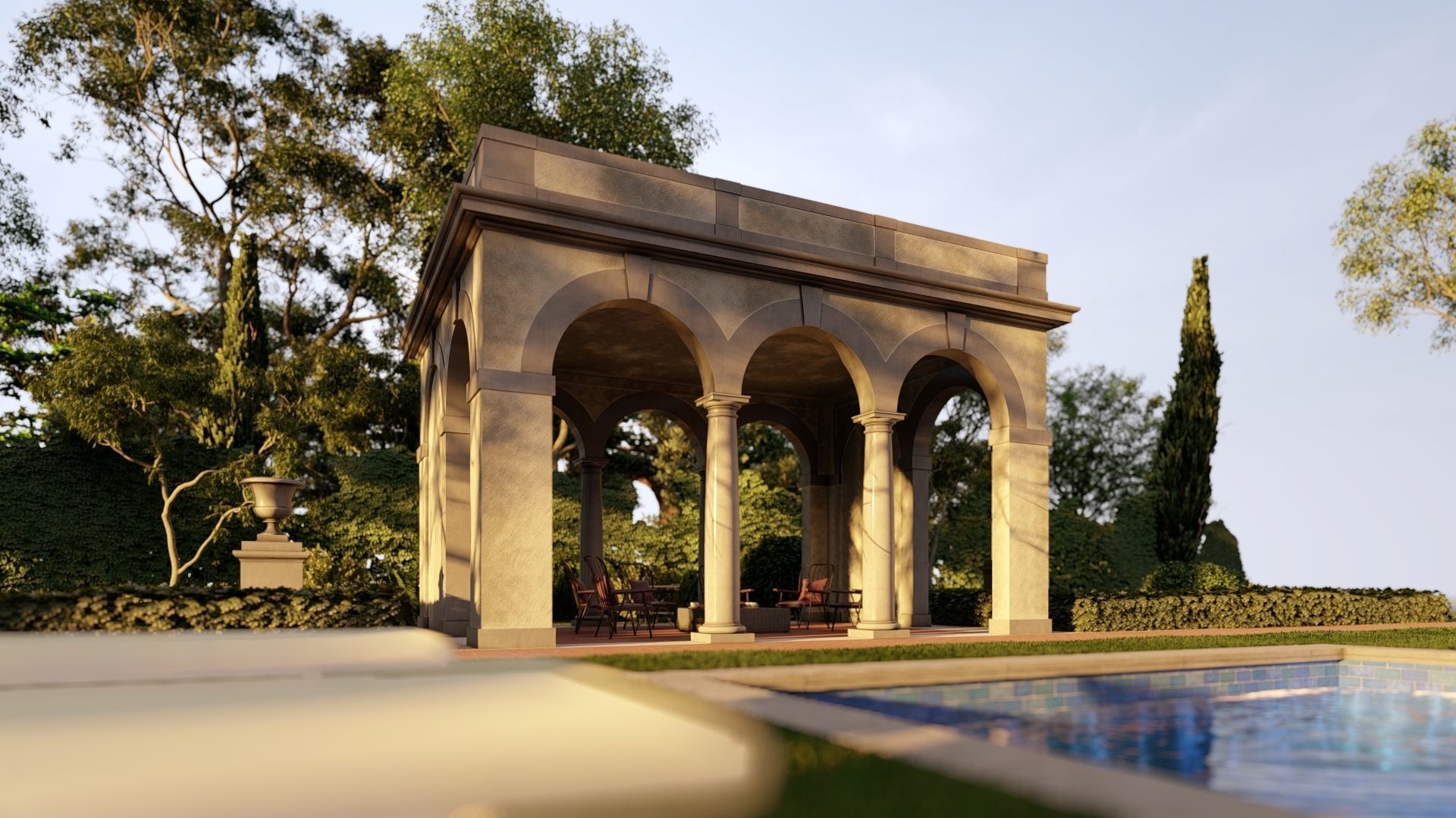 Exteriors swimming pool with classical Tuscan columns pergola 3D model_2