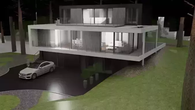 A modern mountain villa Low-poly 3D model