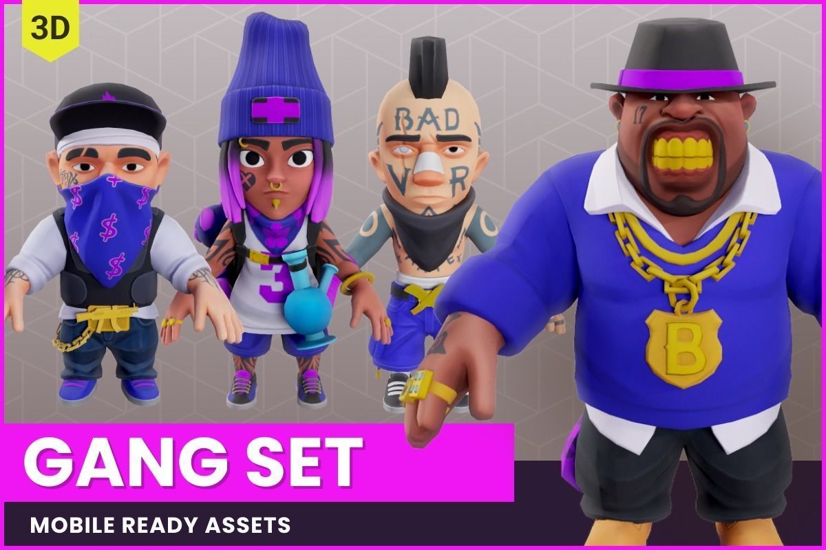 Gang Chibi Mobile Set Low-poly 3D model_15