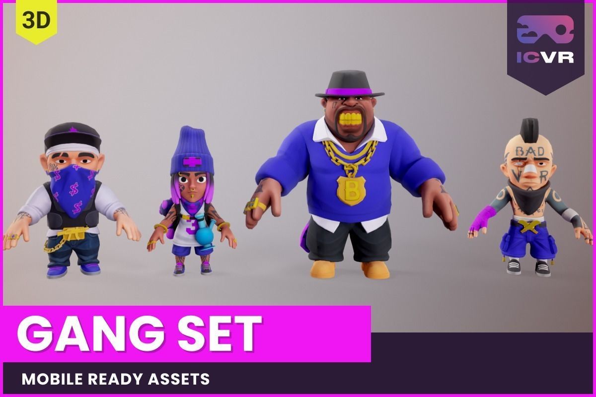 Gang Chibi Mobile Set Low-poly 3D model_5