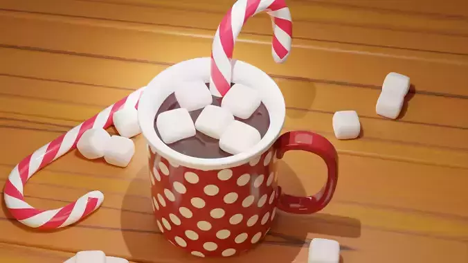 Hot Chocolate mug with marshmallows on wooden planks 3D model