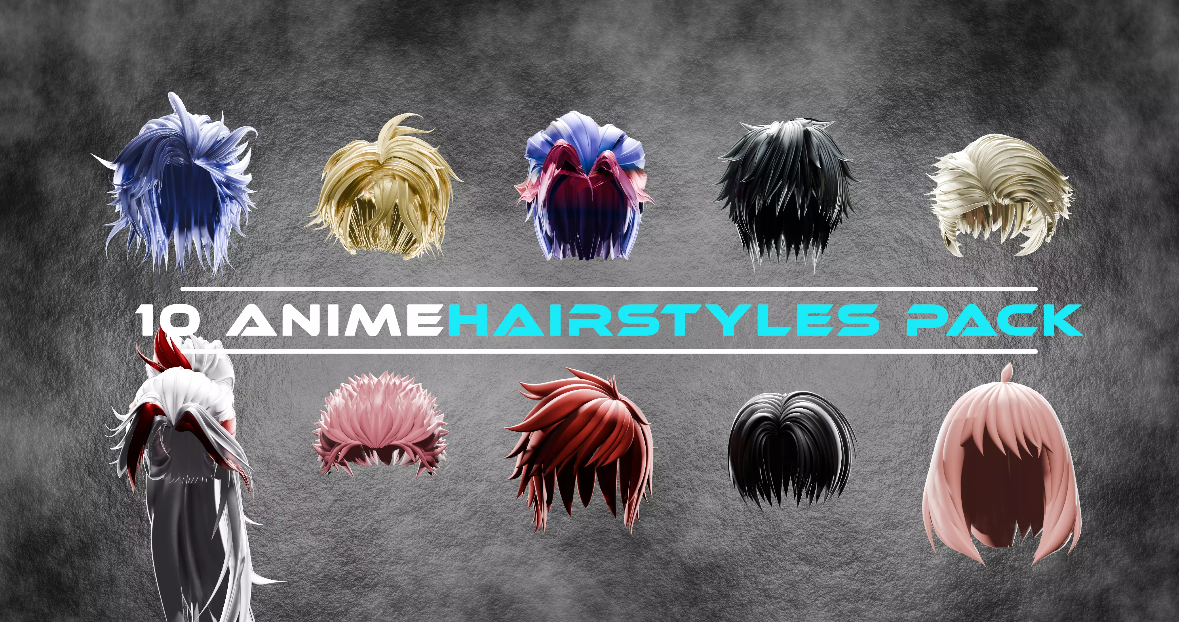 10 Anime Hairstyles Pack 3D model_0