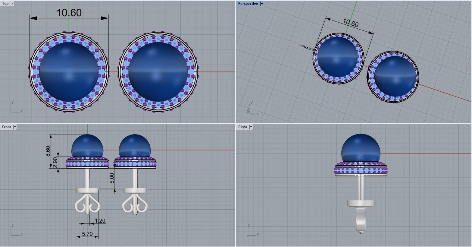 Stud earring with pearl model 800 3D print model_3