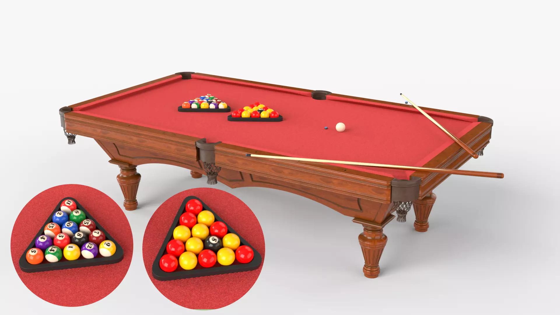 Red Wooden Billiard Tabl balls sticks and chalk 3D model