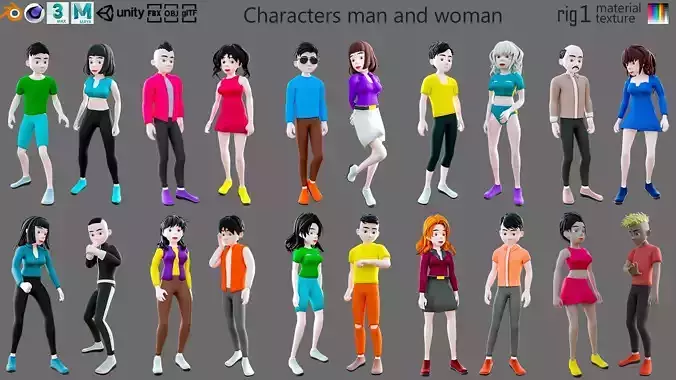 Characters man and woman Low-poly 3D model