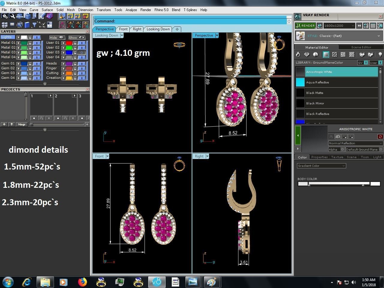 Diamond Drops Earrings 3dm render details 3D print model_2