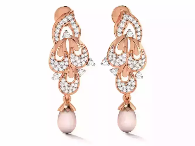 Pearl Diamond Drops Earrings 3dm render details
