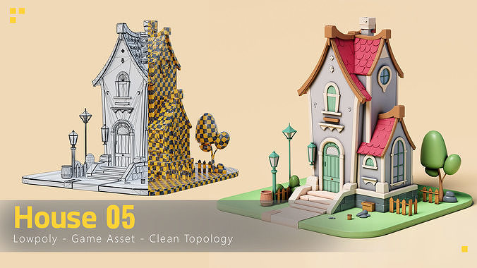 16 Stylized Building - kitbash Low-poly 3D model 6