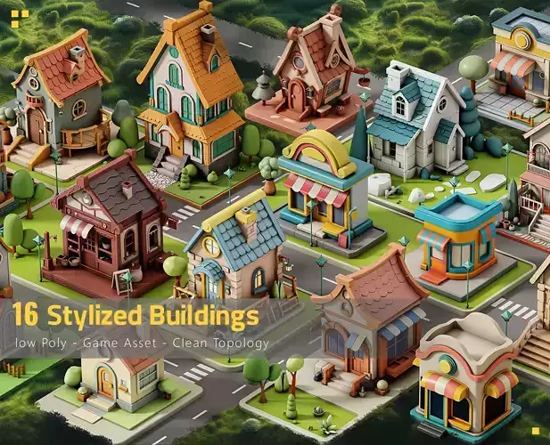 16 Stylized Building - kitbash Low-poly 3D model