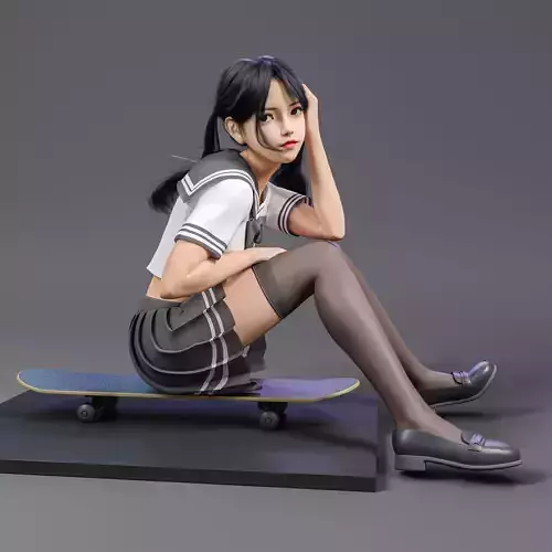 a cute girl in jK sitting on the skateboard