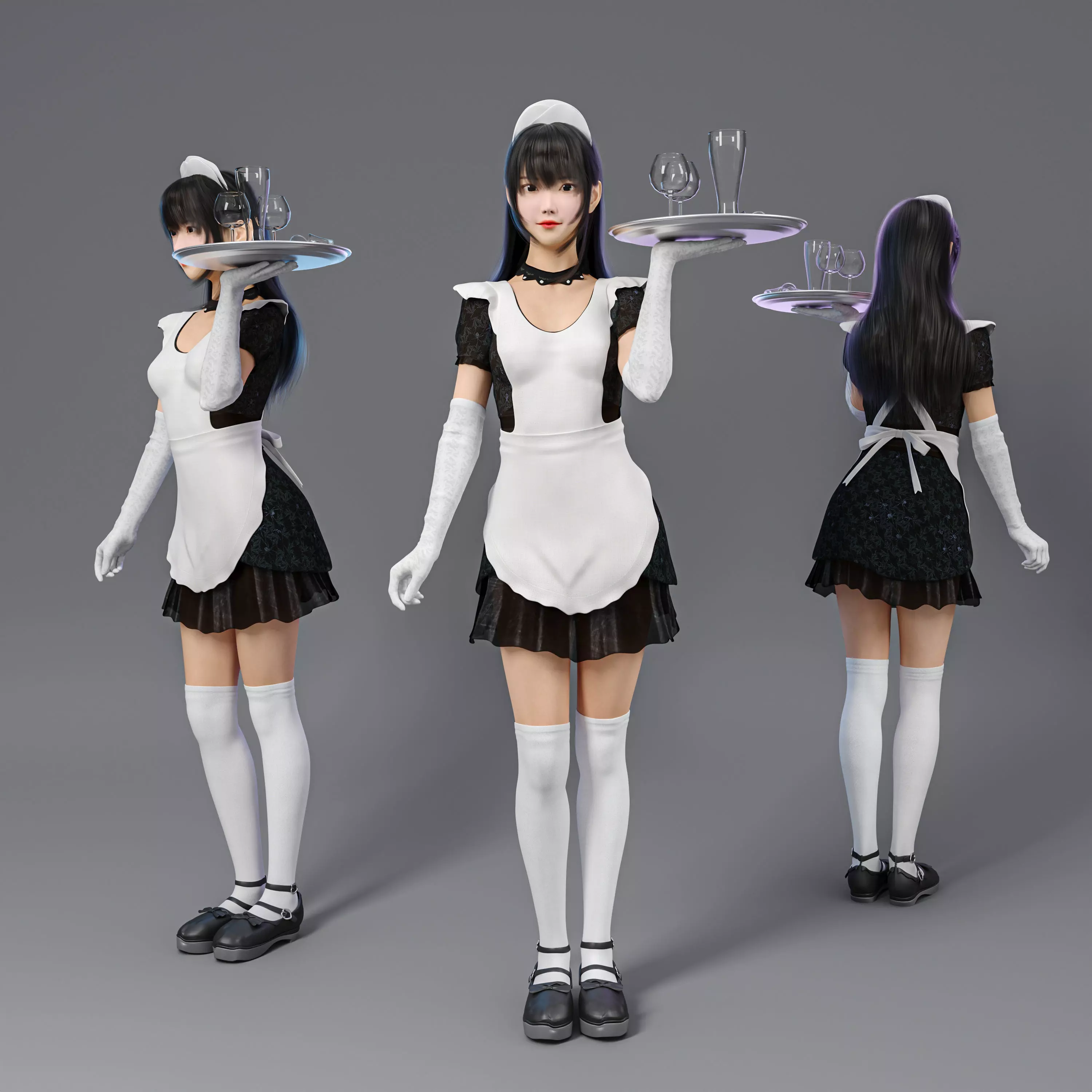 cute maid carrying drinks 001 Free 3D model