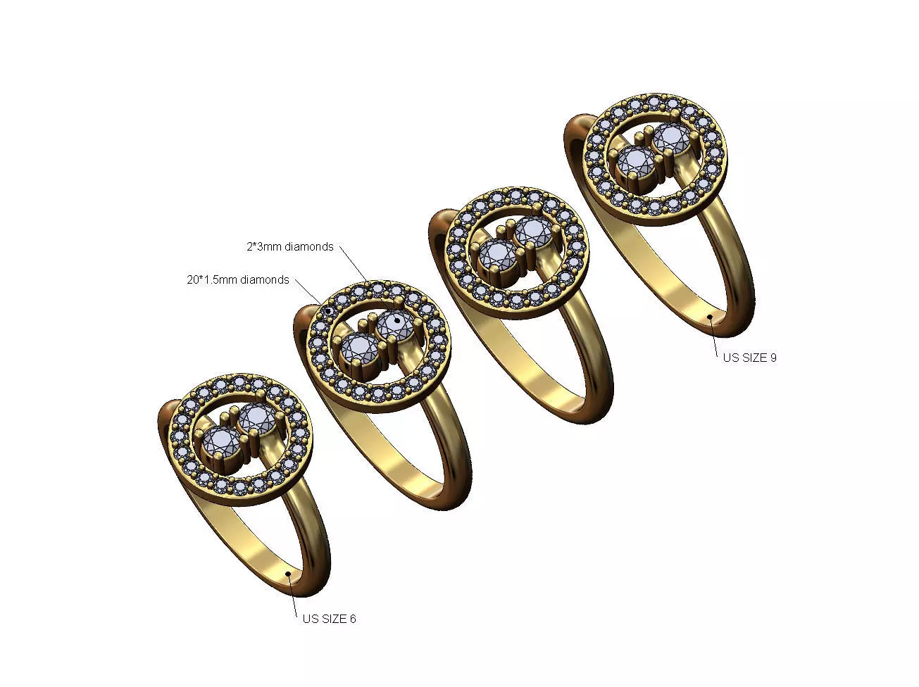 Halo double bypass 3mm diamond cluster ring 3D print model_0