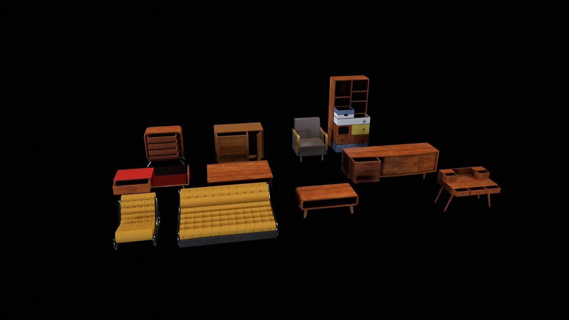 Retro Furniture Set Low-poly 3D model_6