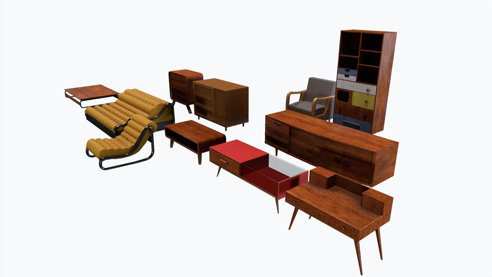 Retro Furniture Set Low-poly 3D model_3