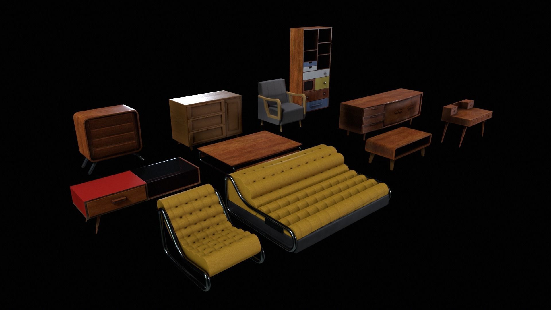 Retro Furniture Set Low-poly 3D model_5