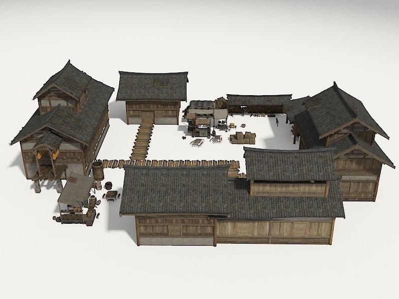 Farmyard Wooden structure house courtyard Low-poly 3D model_8
