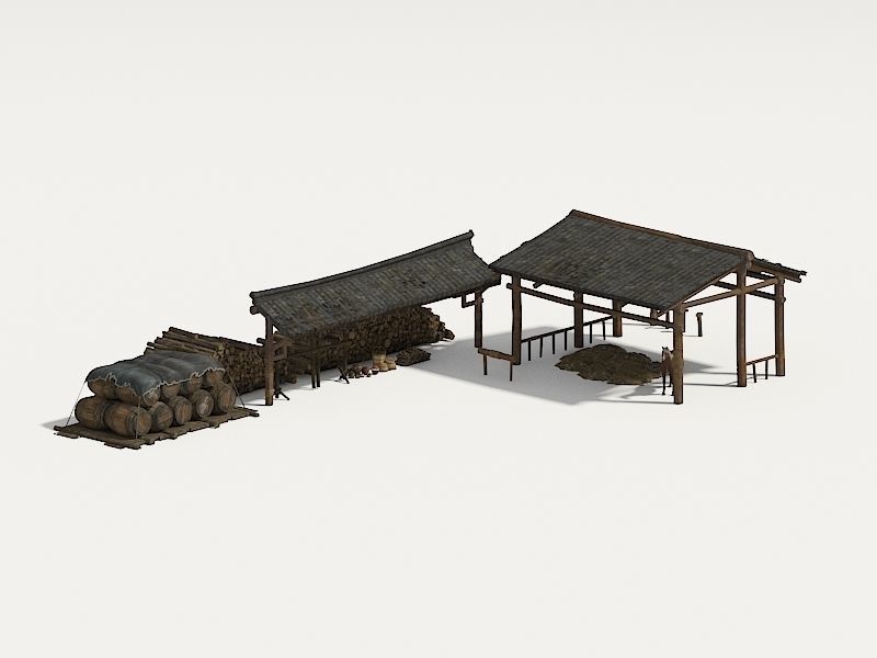 Farmyard Wooden structure house courtyard Low-poly 3D model_6