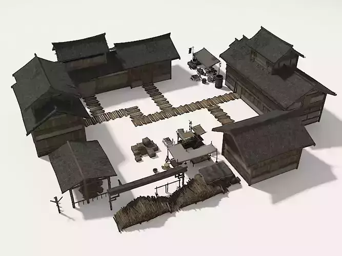 Farmyard Wooden structure house courtyard Low-poly 3D model