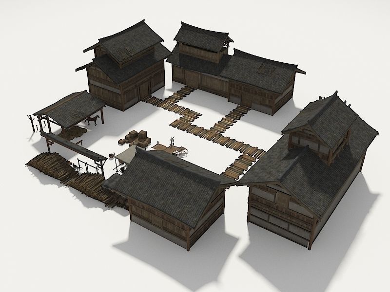 Farmyard Wooden structure house courtyard Low-poly 3D model_7