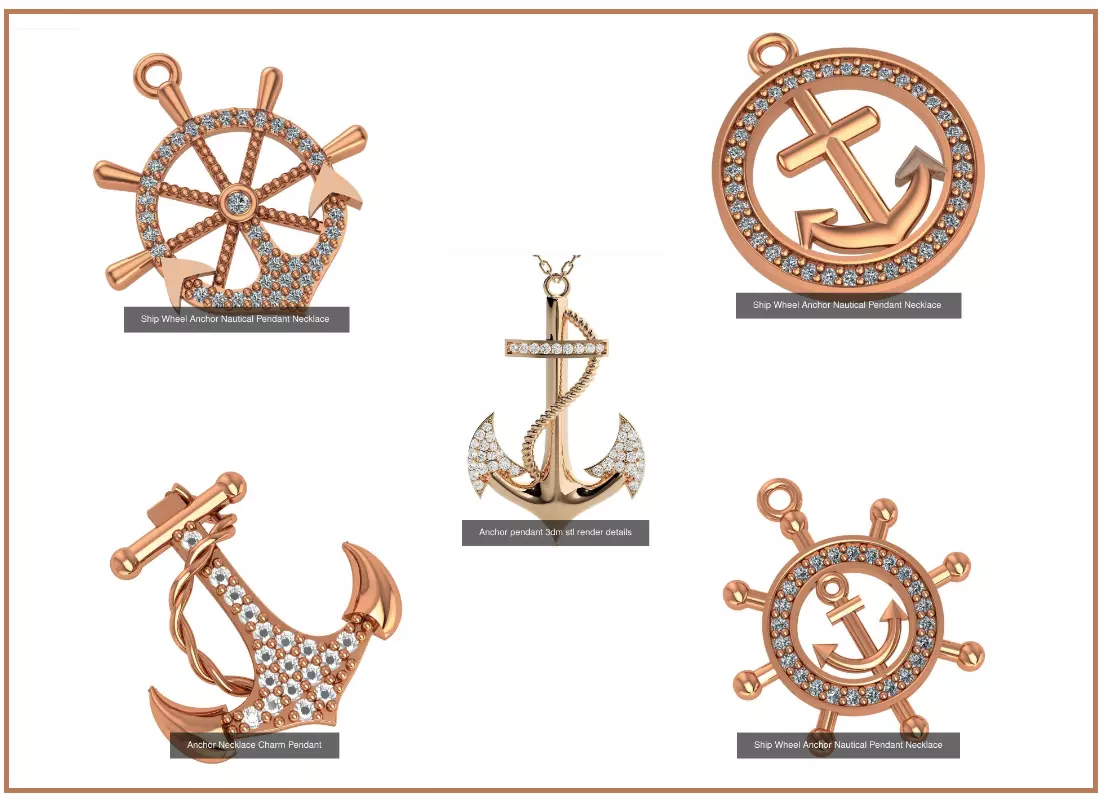 5 Ship Wheel Anchor Nautical Charm Pendant Necklace 3D Model Collection_0