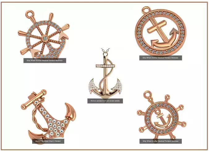 5 Ship Wheel Anchor Nautical Charm Pendant Necklace 3D Model Collection