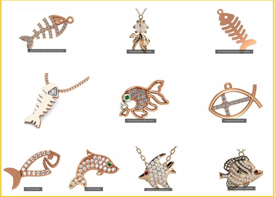 10 Diamond Fish Charm Pendant Necklace 3D Model Pack