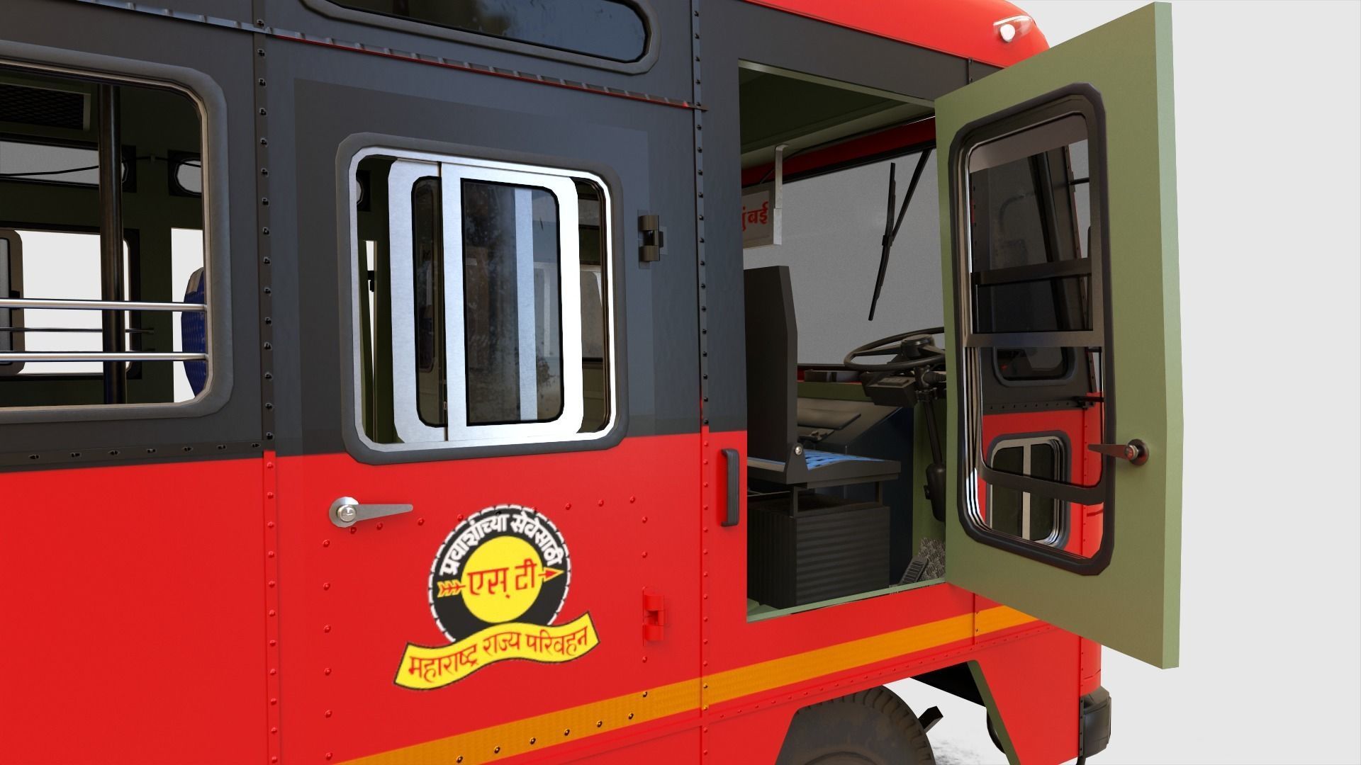 Indian ST Bus V1 Red Black Low-poly 3D model_11