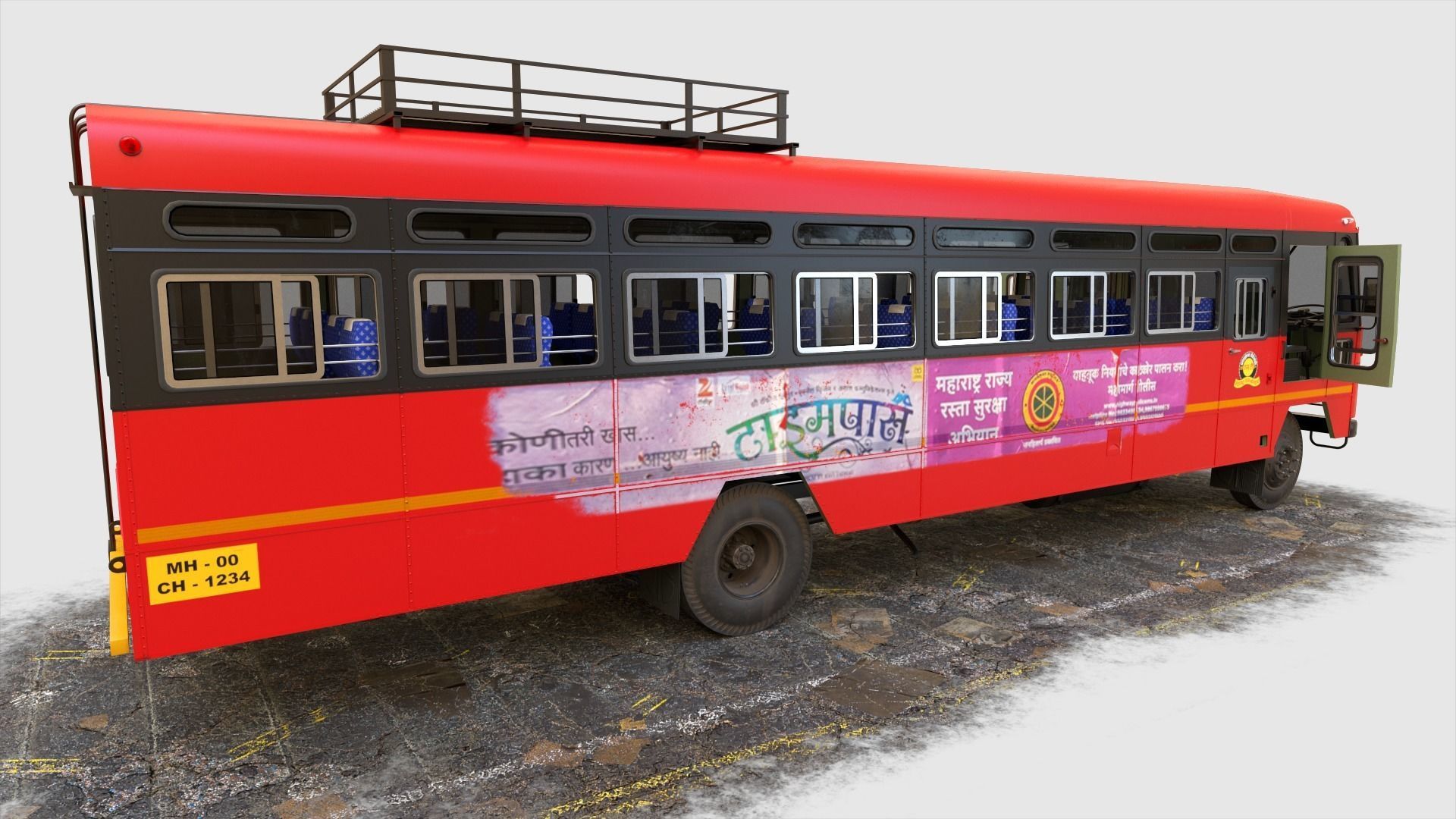 Indian ST Bus V1 Red Black Low-poly 3D model_3