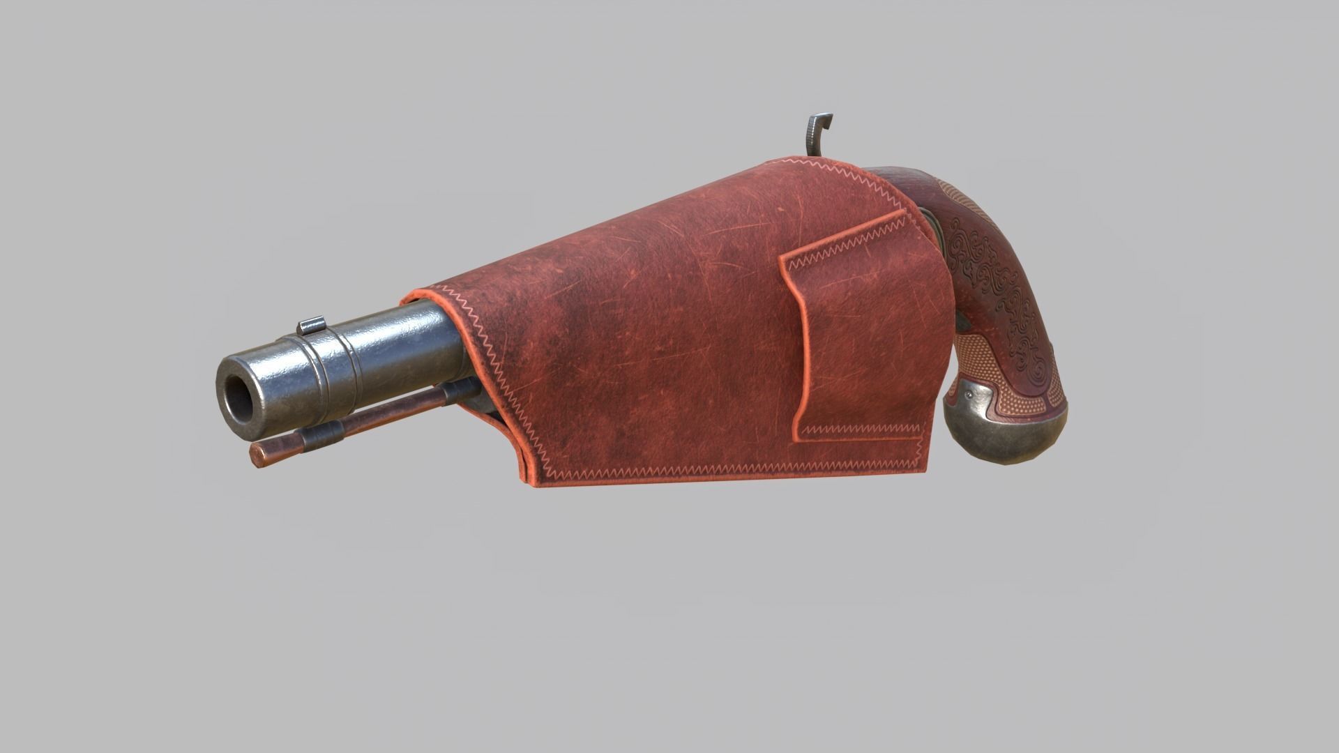 Pirate flintlock pistol with holster Low-poly 3D model_10