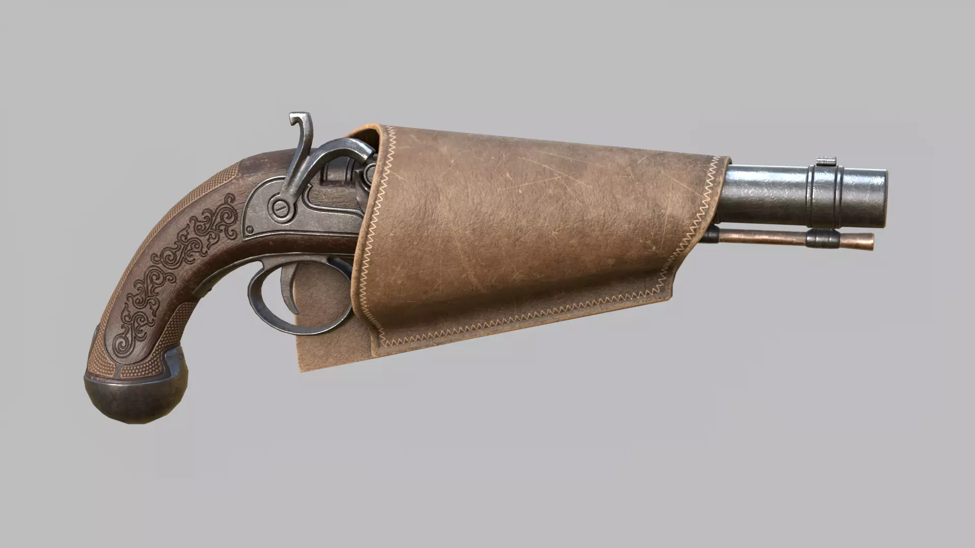 Pirate flintlock pistol with holster Low-poly 3D model_0