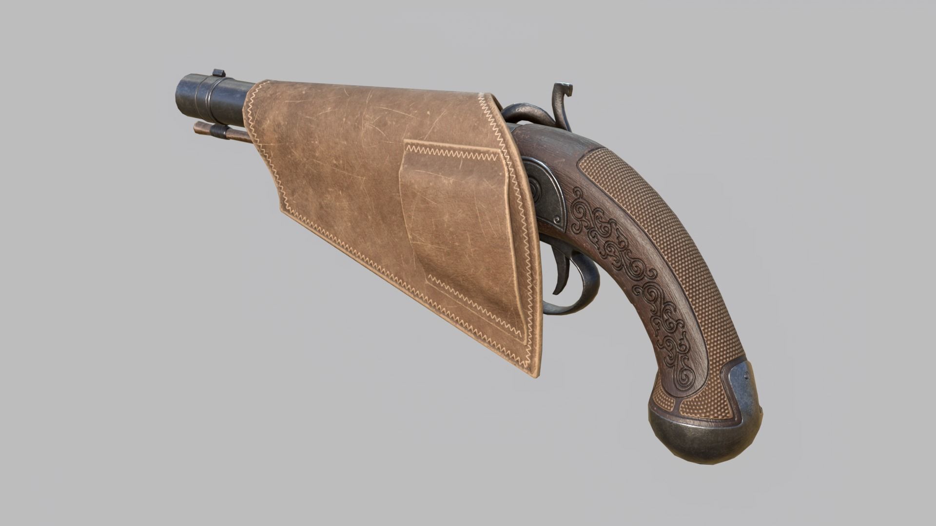 Pirate flintlock pistol with holster Low-poly 3D model_4