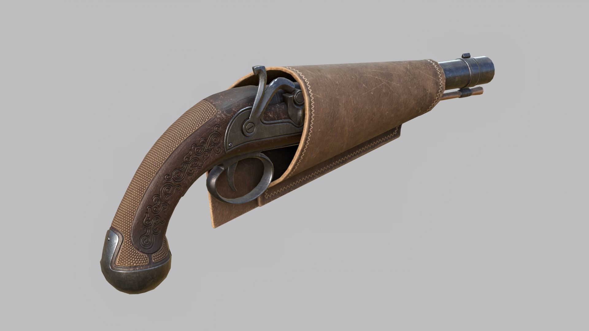 Pirate flintlock pistol with holster Low-poly 3D model_3