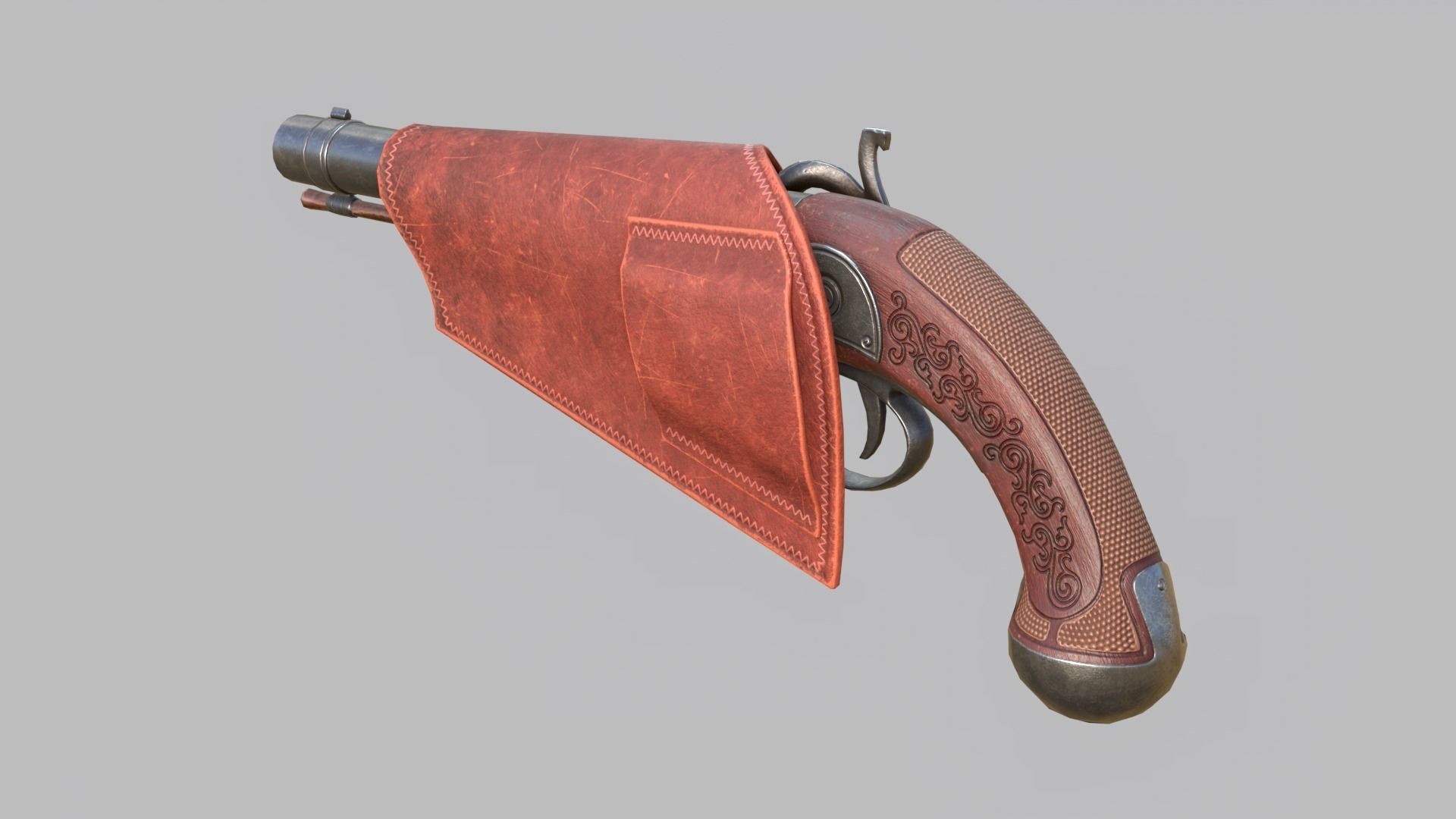 Pirate flintlock pistol with holster Low-poly 3D model_9