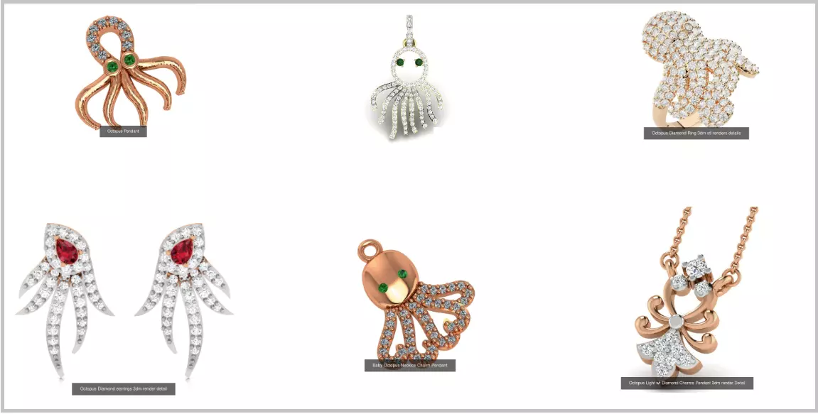 6 Octopus Light wt Ring Earring Charm Pendant 3dm render Detail 3D Model Pack