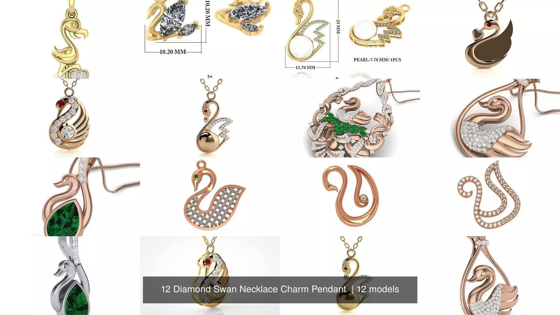 12 Diamond Swan Necklace Charm Pendant  3D Model Collection_1