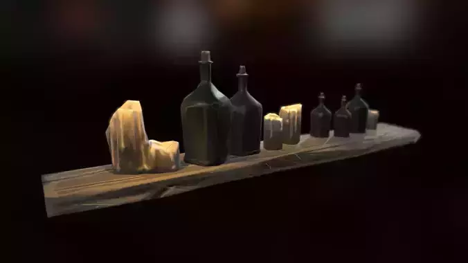 Stylized Low Poly Tavern Bottles and Candles on Shelf Low-poly 3D model