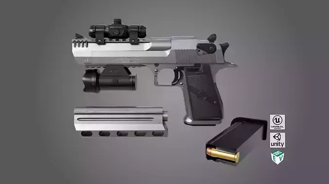 Pistol 10 Silver Generic All PBR UE Textures Low-poly 3D model