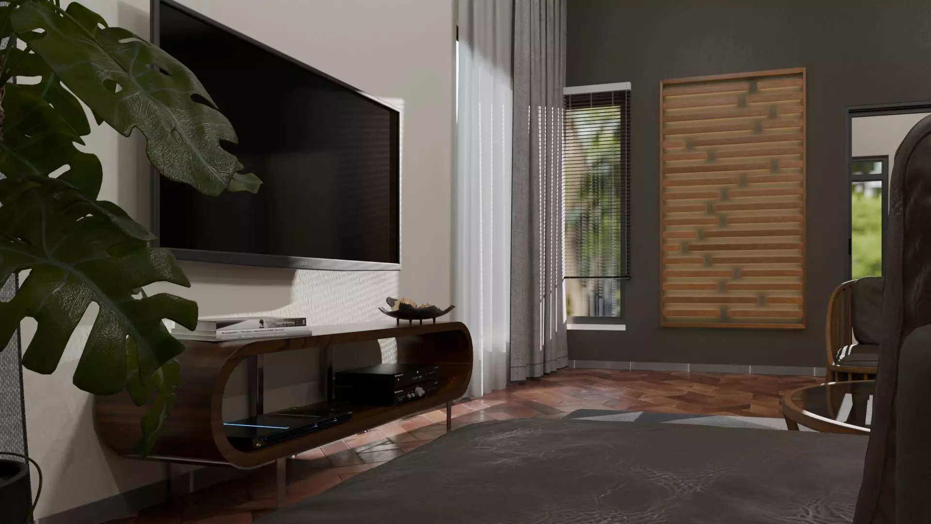 modern curved wooden TV console Free low-poly 3D model_0