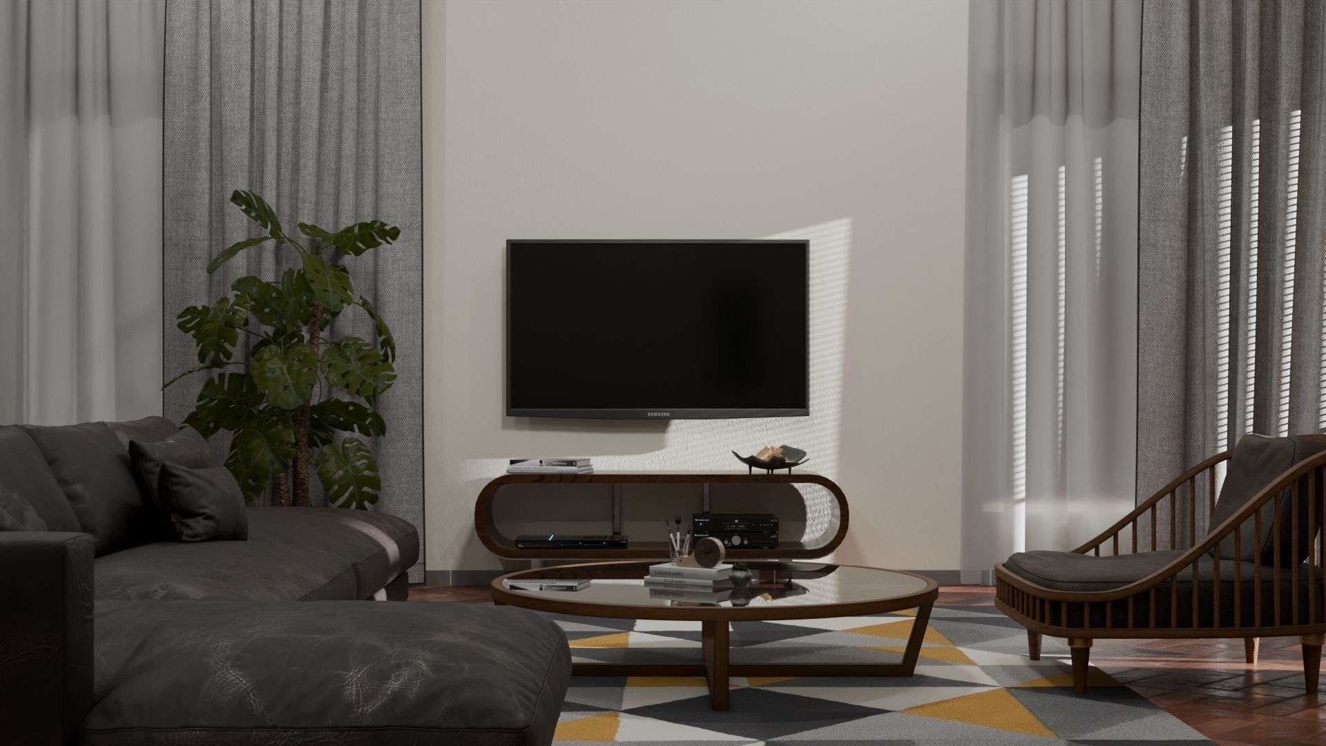 modern curved wooden TV console Free low-poly 3D model_2